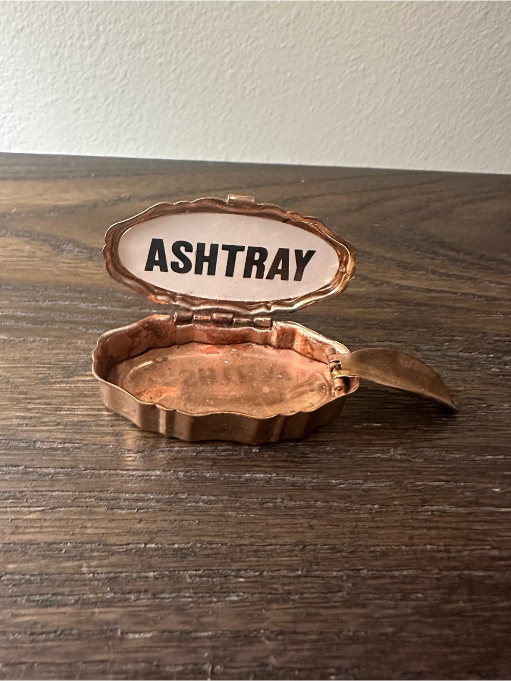 Vintage Copper-Tone Hinged Ashtray - Pink Interior Label